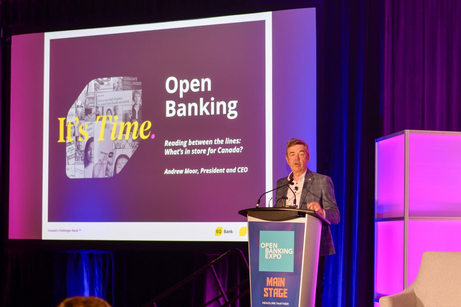 Andrew Moor, president and chief executive officer of EQ Bank speaking at Open Banking Expo Canada 2024
