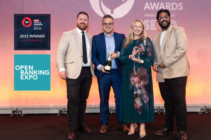 Open Banking Expo co-founders Adam Cox and Kelly Stanley on stage at The EN Indy Awards for Best 365 Community